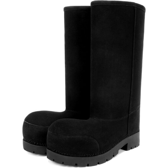 Shoes - Faux Suede Platform Fuzzy Snow Round Toe Hippy Boots Slip On Knee High Black